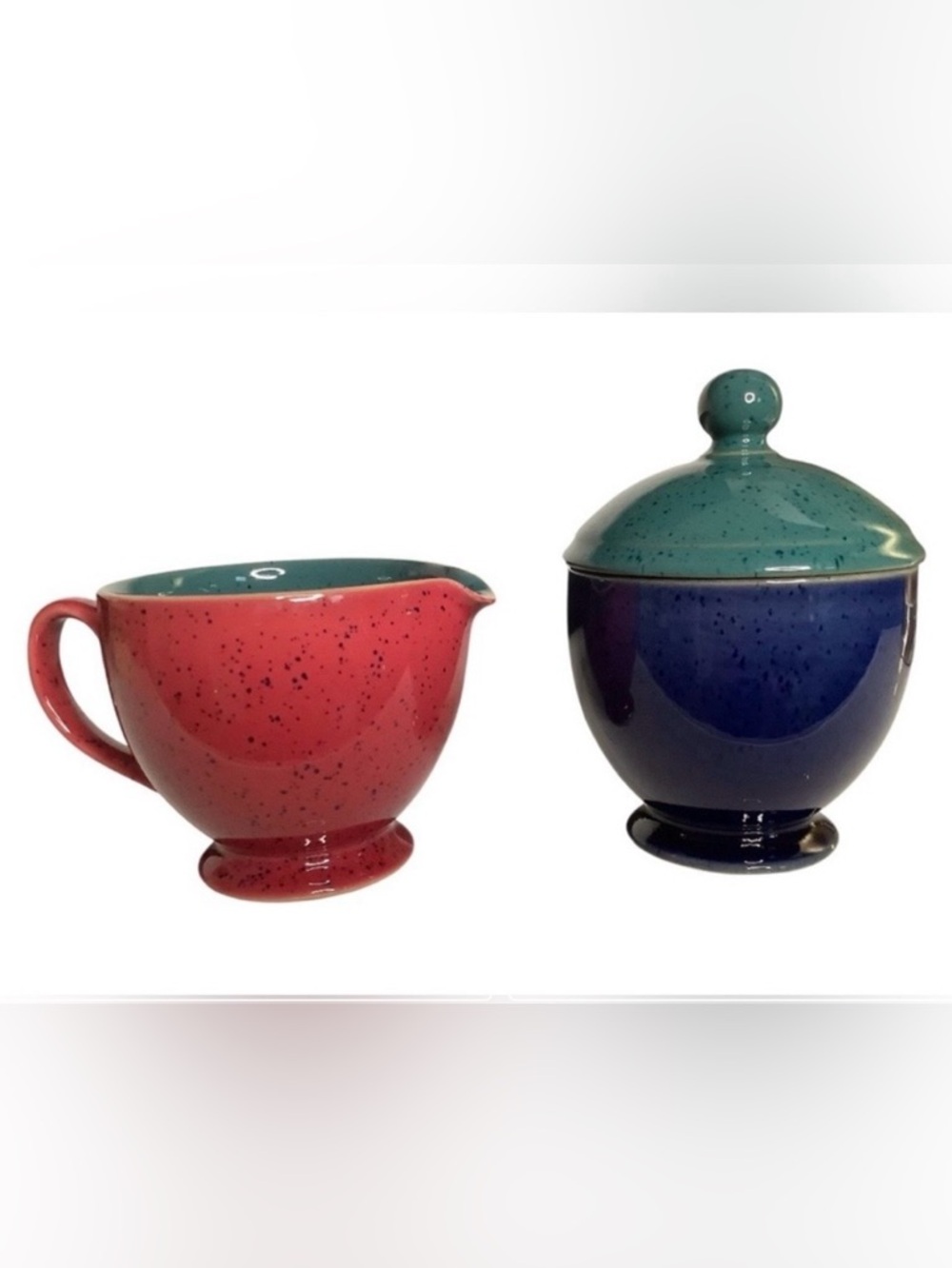 Vintage Denby England Harlequin Stoneware Sugar & Creamer Set Red Navy and Green - Picture 2 of 10